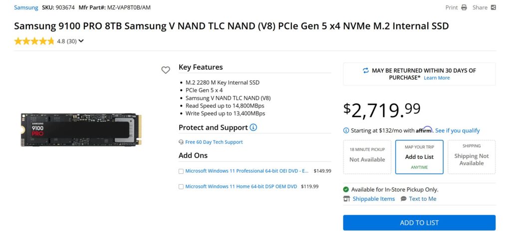 SSD Samsung 9100 PRO de 8TB con características destacadas, precio de $2,719.99 y opciones de compra en línea.