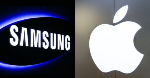 Logotipos de Samsung y Apple sobre un fondo oscuro y claro, destacando el contraste entre los diseños en blanco y negro.