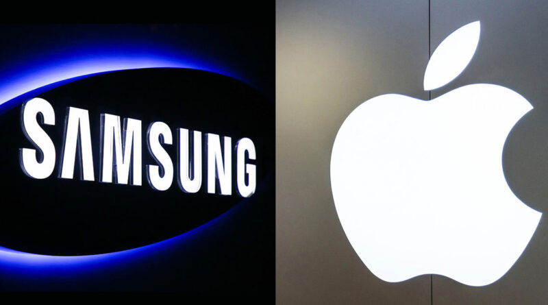 Logotipos de Samsung y Apple sobre un fondo oscuro y claro, destacando el contraste entre los diseños en blanco y negro.