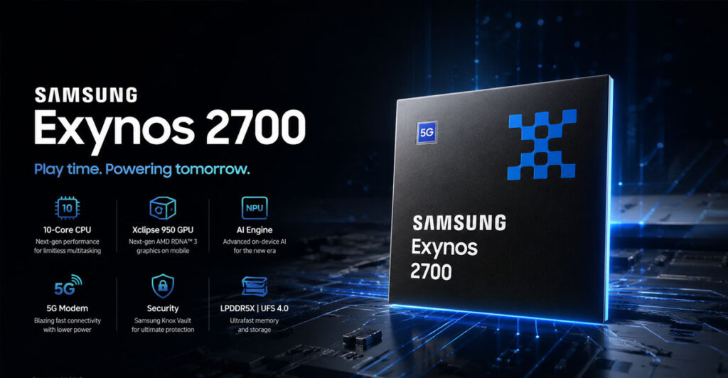 Fondo oscuro con un chip Exynos 2700 en el centro, destacando sus especificaciones técnicas y el logotipo de Samsung.