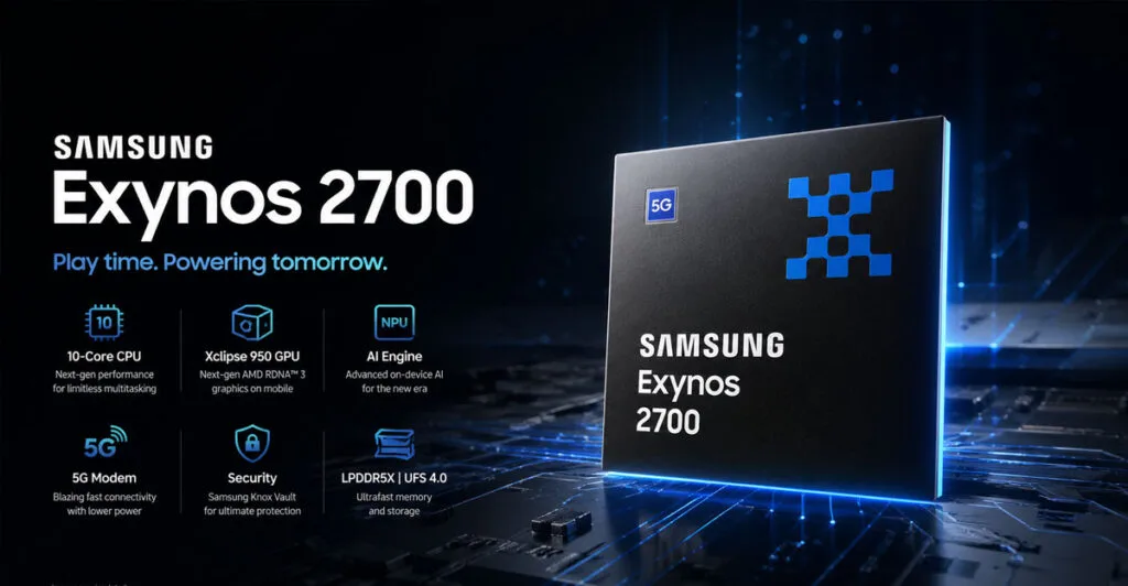 Fondo oscuro con un chip Exynos 2700 en el centro, destacando sus especificaciones técnicas y el logotipo de Samsung.