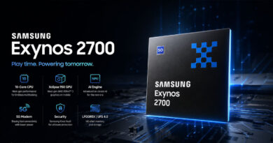 Fondo oscuro con un chip Exynos 2700 en el centro, destacando sus especificaciones técnicas y el logotipo de Samsung.