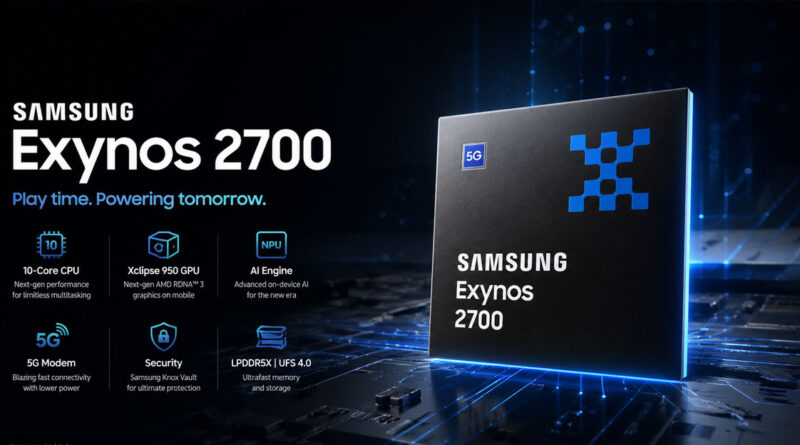 Fondo oscuro con un chip Exynos 2700 en el centro, destacando sus especificaciones técnicas y el logotipo de Samsung.