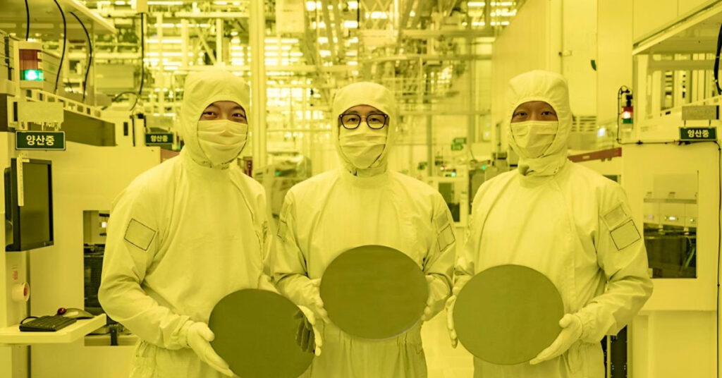 Tres trabajadores en trajes de protección sostienen obleas en una fábrica iluminada con luz amarilla, rodeados de maquinaria.
