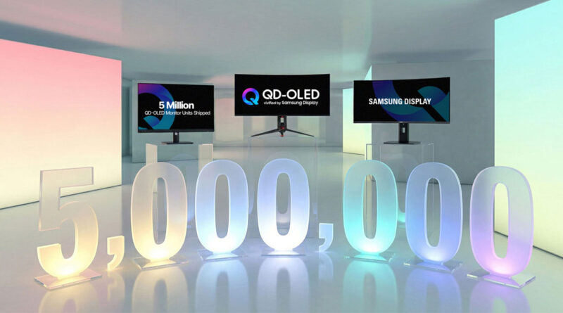 Números en gran tamaño que indican "5,000,000" en color gradient, con monitores de QD-OLED y el logo de Samsung Display de fondo.