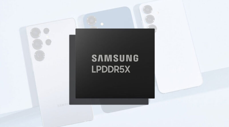 Logotipo de Samsung en negro sobre un fondo suave, con tres teléfonos en tonos claros detrás, resaltando la tecnología DRAM LPDDR5X.