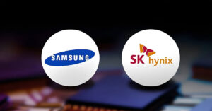 Logotipos de Samsung y SK hynix sobre un fondo oscuro, con un enfoque en la tecnología de semiconductores y memoria DRAM.