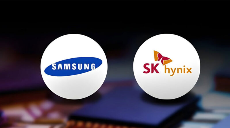Logotipos de Samsung y SK hynix sobre un fondo oscuro, con un enfoque en la tecnología de semiconductores y memoria DRAM.