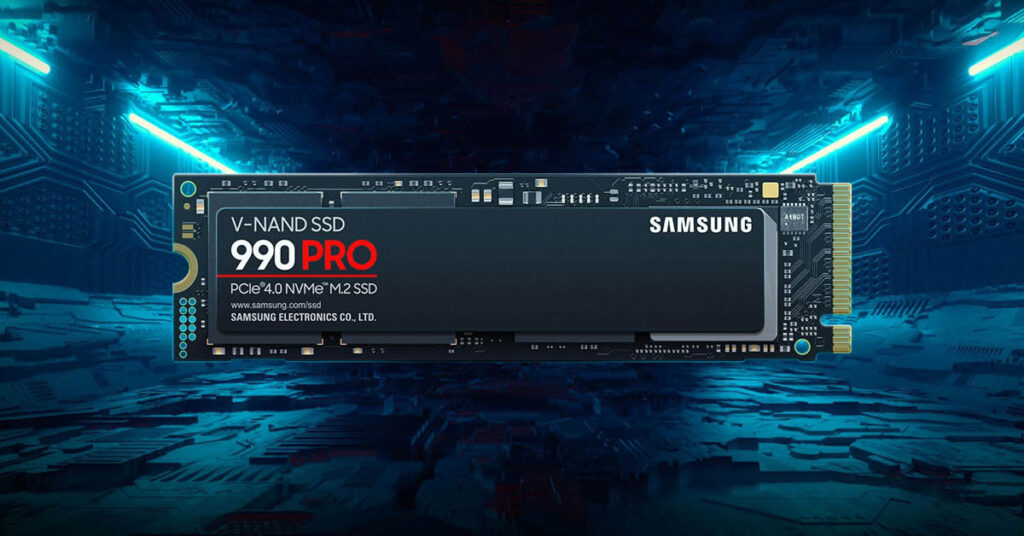 SSD Samsung 990 PRO, formato M.2 de 1 TB, fondo tecnológico azul con circuitos y luces, destaca su diseño moderno y elegante.