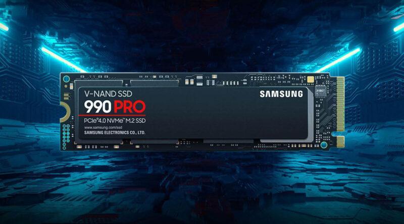 SSD Samsung 990 PRO, formato M.2 de 1 TB, fondo tecnológico azul con circuitos y luces, destaca su diseño moderno y elegante.