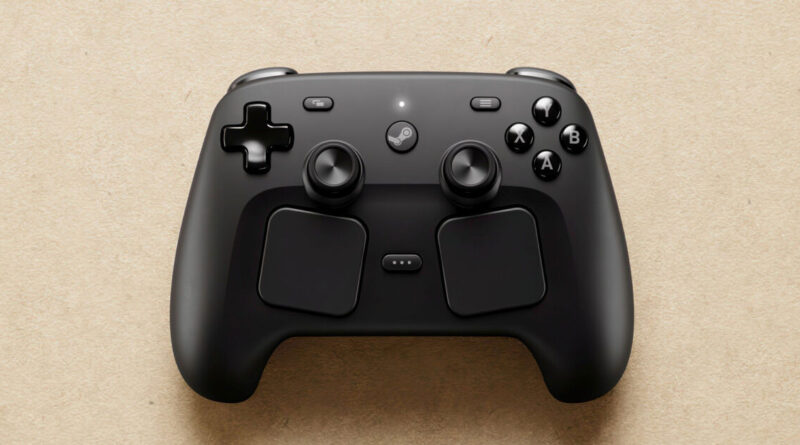 Controlador negro con dos joysticks, botones frontales y un diseño moderno, sobre un fondo claro y texturizado.