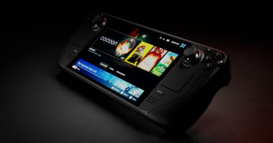 Controlador de videojuego Steam Deck, mostrando una interfaz en pantalla con varios juegos, todo en un fondo oscuro.