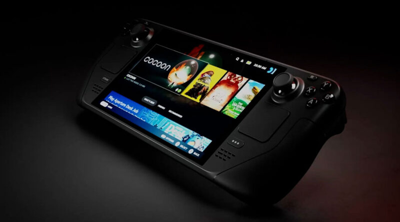 Controlador de videojuego Steam Deck, mostrando una interfaz en pantalla con varios juegos, todo en un fondo oscuro.