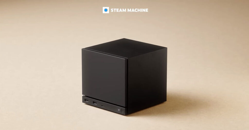 Caja negra cuadrada cuenta con puertos USB y un diseño minimalista, sobre un fondo beige claro. Logotipo de Steam Machine en la parte superior.