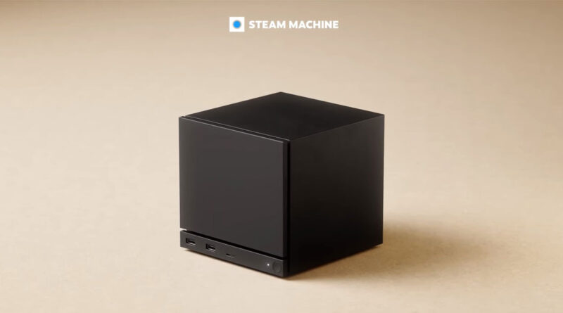 Caja negra cuadrada cuenta con puertos USB y un diseño minimalista, sobre un fondo beige claro. Logotipo de Steam Machine en la parte superior.