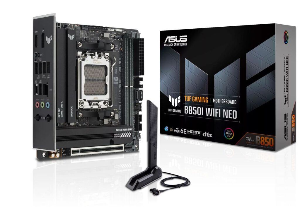 Placa base Mini-ITX ASUS TUF GAMING B850I WIFI NEO con un diseño negro y gris, acompañada de su caja y antena WiFi.