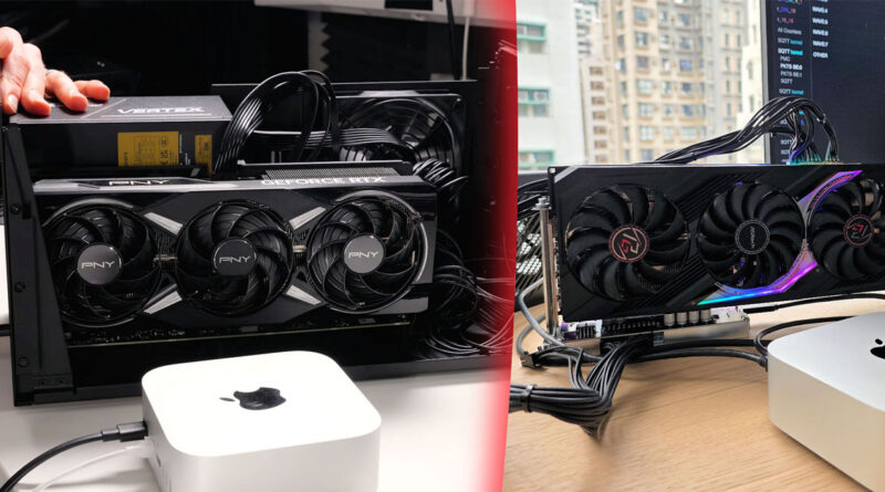 Dos tarjetas gráficas, una PNY GeForce RTX 5090 y otra Radeon, están conectadas a un Mac mini sobre un escritorio desordenado.