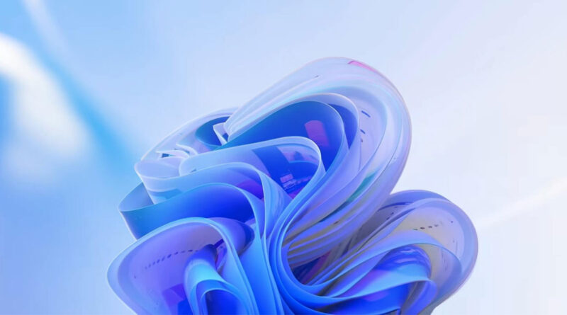 Estructura en espiral de pliegues azules y violetas con reflejos y degradados suaves sobre fondo claro.