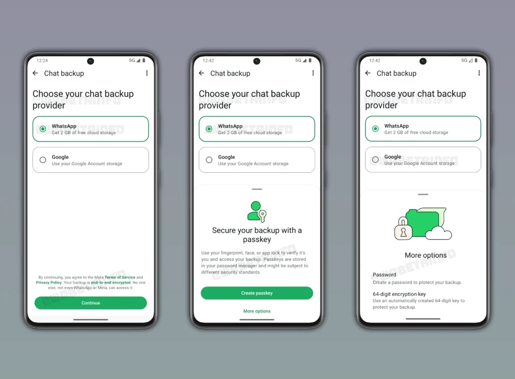 Pantalla de selección de proveedor de copia de seguridad en WhatsApp, mostrando opciones de Google y WhatsApp con botones en verde y fondo gris.