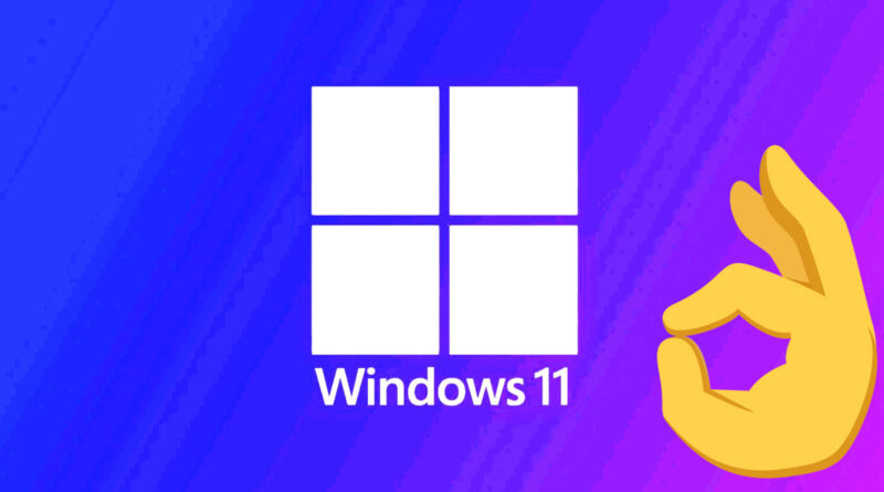Fondo degradado en azul y púrpura con el logo de Windows 11 y una mano haciendo el símbolo de "ok".