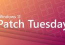 Fondo degradado en tonos naranjas y púrpuras con texto en blanco que dice "Windows 11 Patch Tuesday" y gráficos de recuadros.