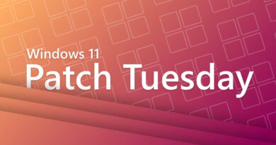 Fondo degradado en tonos naranjas y púrpuras con texto en blanco que dice "Windows 11 Patch Tuesday" y gráficos de recuadros.