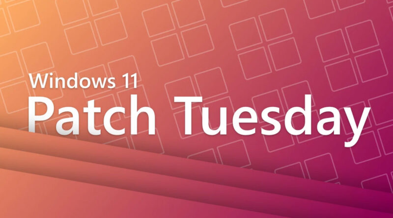 Fondo degradado en tonos naranjas y púrpuras con texto en blanco que dice "Windows 11 Patch Tuesday" y gráficos de recuadros.