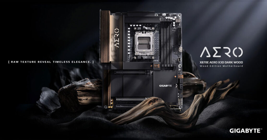 Placa madre Gigabyte X870E AERO X3D con acabado de madera oscura, destaca el chipset y un diseño elegante en tonos oscuros.