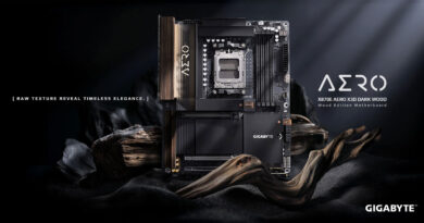 Placa madre Gigabyte X870E AERO X3D con acabado de madera oscura, destaca el chipset y un diseño elegante en tonos oscuros.