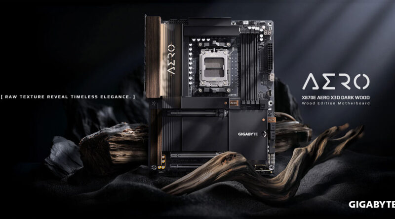 Placa madre Gigabyte X870E AERO X3D con acabado de madera oscura, destaca el chipset y un diseño elegante en tonos oscuros.