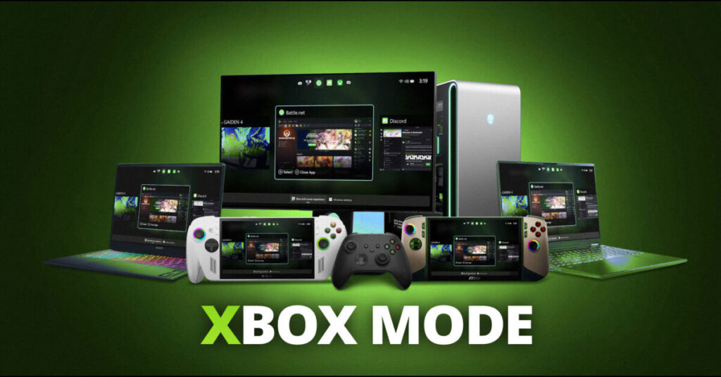 Varios dispositivos como laptops, consoles y un monitor, presentan una interfaz verde brillante de Xbox Mode en un fondo oscuro.