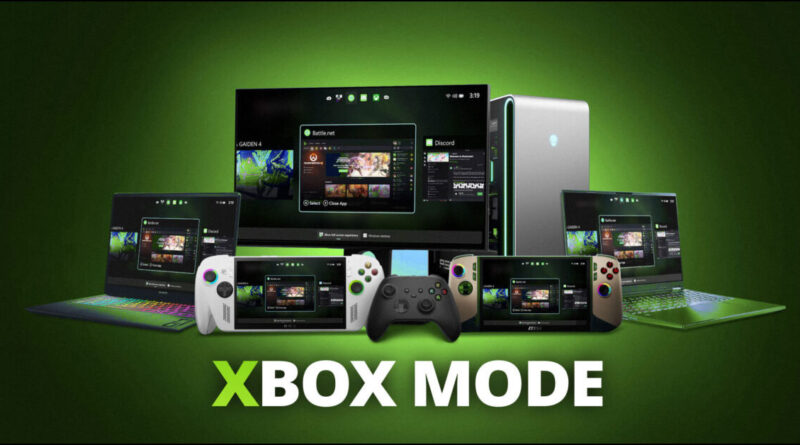 Varios dispositivos como laptops, consoles y un monitor, presentan una interfaz verde brillante de Xbox Mode en un fondo oscuro.