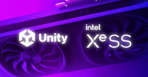 Logotipo de Unity y XeSS de Intel, sobre un fondo morado, junto a un gráfico de ventilador de una tarjeta gráfica.