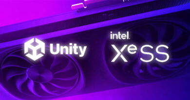 Logotipo de Unity y XeSS de Intel, sobre un fondo morado, junto a un gráfico de ventilador de una tarjeta gráfica.