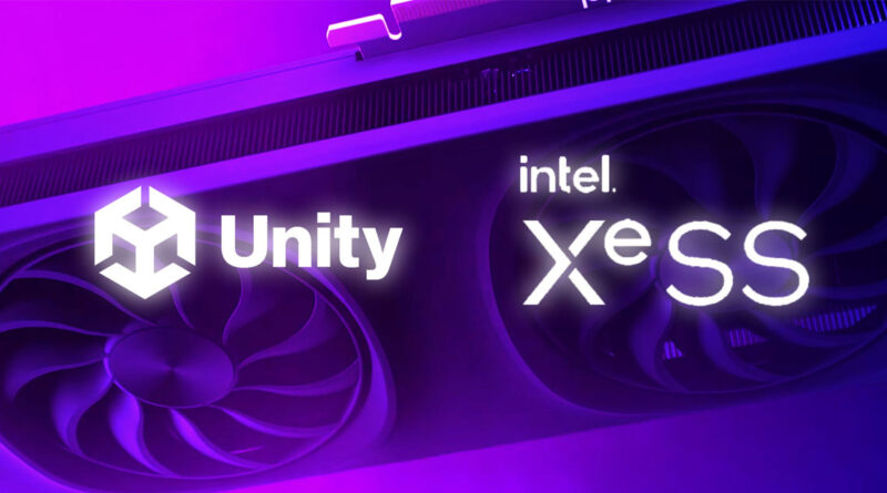 Logotipo de Unity y XeSS de Intel, sobre un fondo morado, junto a un gráfico de ventilador de una tarjeta gráfica.