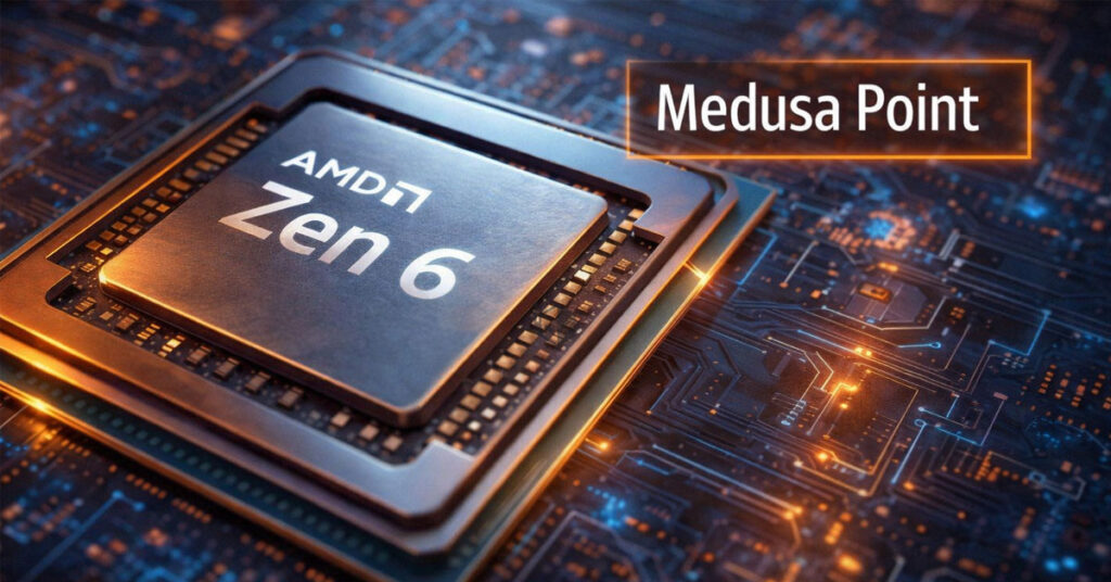 Procesador AMD Zen 6 "Medusa Point" sobre un fondo de circuitos electrónicos iluminados en tonos azules y naranjas.