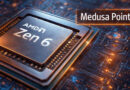 Procesador AMD Zen 6 "Medusa Point" sobre un fondo de circuitos electrónicos iluminados en tonos azules y naranjas.