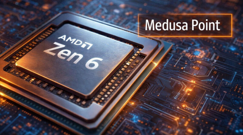 Procesador AMD Zen 6 "Medusa Point" sobre un fondo de circuitos electrónicos iluminados en tonos azules y naranjas.