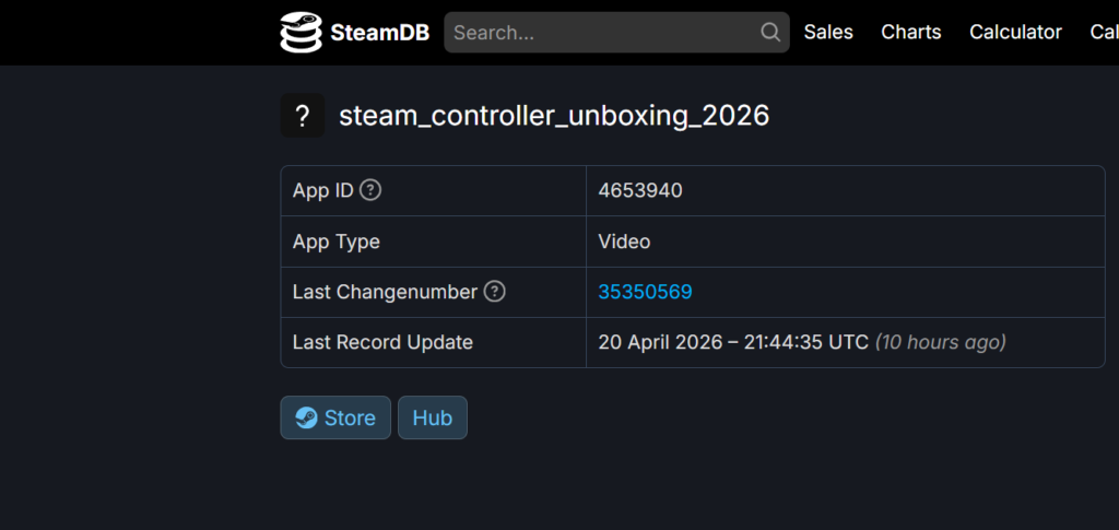 Tabla de datos en SteamDB mostrando un ID de aplicación, tipo de vídeo, número de cambios y fecha de actualización. Fondo oscuro.