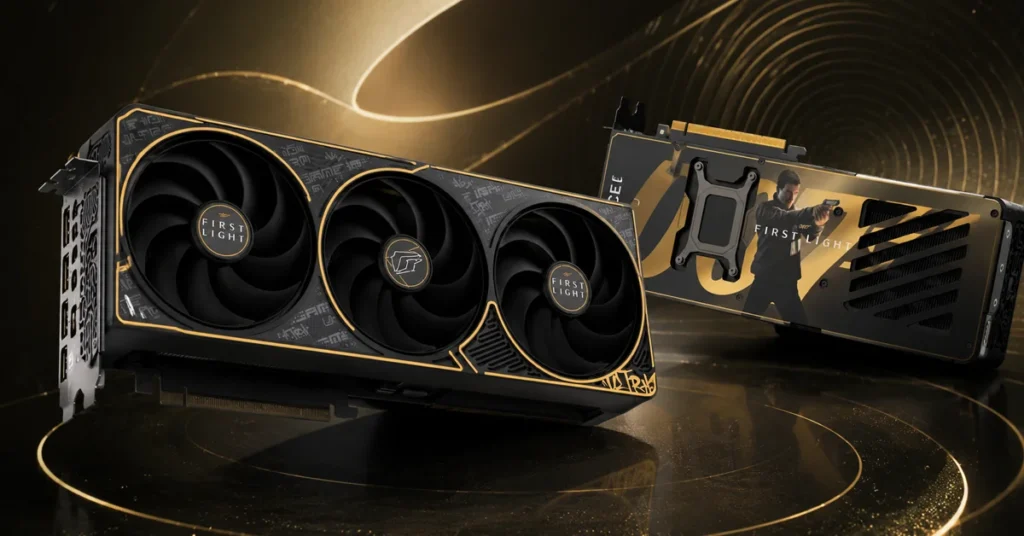 Tarjeta gráfica GeForce RTX 5070 en negro y dorado, con ventiladores triples y detalles de diseño elegante, ambientada en fondo brillante.