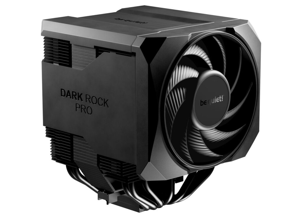 Disipador de calor Dark Rock Pro de be quiet!, con diseño negro y ventilador de alto rendimiento en un ángulo dinámico.