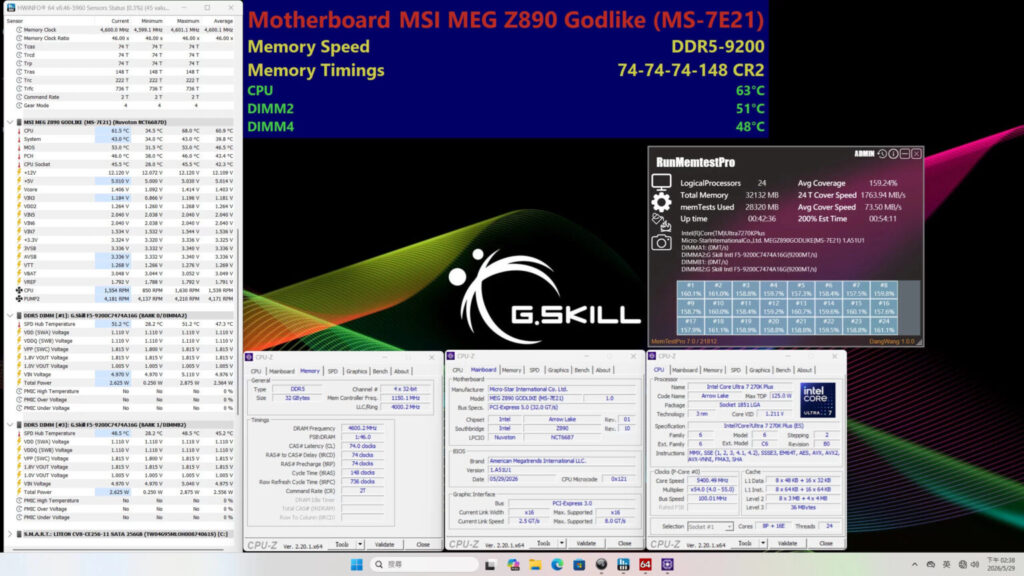 Interfaz de software mostrando especificaciones de hardware, incluyendo CPU, velocidad de memoria y temperaturas, con fondo negro y colores vibrantes.