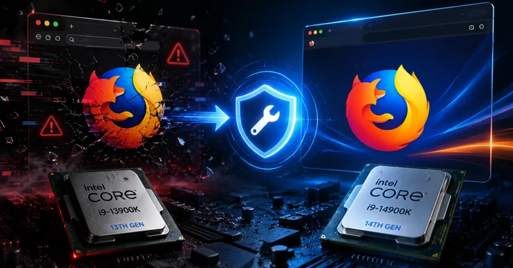 Logos de Firefox y advertencia sobre errores, con procesadores Intel Core i9 en un fondo de placa base y efectos gráficos futuristas.