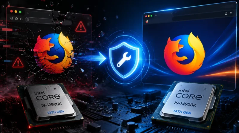 Logos de Firefox y advertencia sobre errores, con procesadores Intel Core i9 en un fondo de placa base y efectos gráficos futuristas.