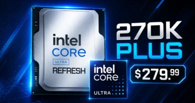 Procesador Intel Core Ultra 7 270K Plus en un fondo azul y negro, con el precio de $279.99 destacado en letras grandes.