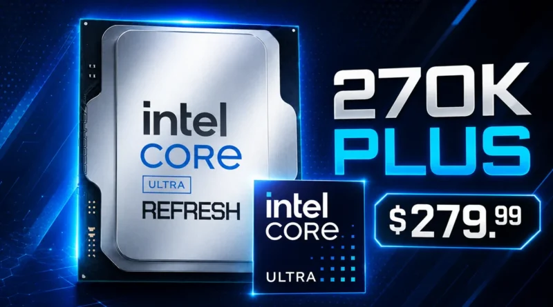 Procesador Intel Core Ultra 7 270K Plus en un fondo azul y negro, con el precio de $279.99 destacado en letras grandes.