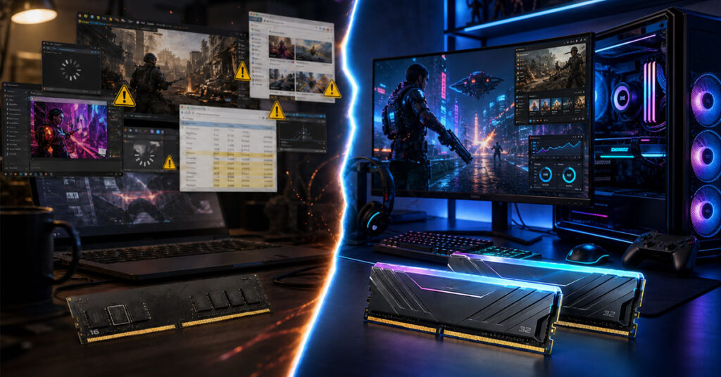 Muestra un escritorio de gaming con dos módulos de RAM iluminados, un monitor con gráficos vibrantes y un portátil con advertencias en pantalla.