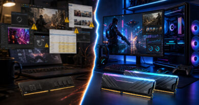 Muestra un escritorio de gaming con dos módulos de RAM iluminados, un monitor con gráficos vibrantes y un portátil con advertencias en pantalla.
