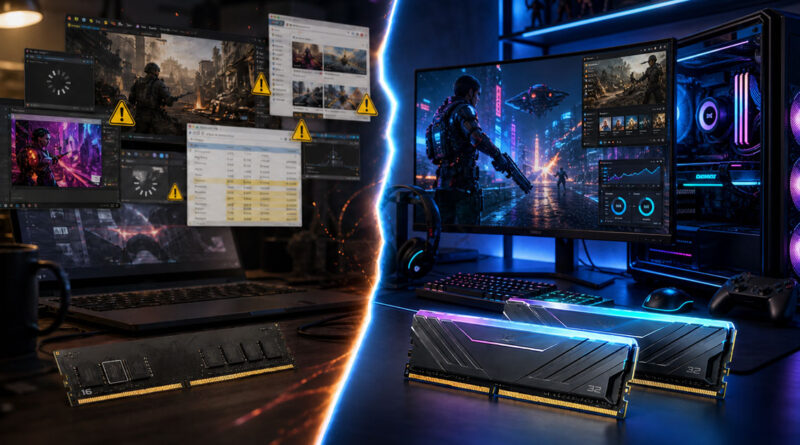 Muestra un escritorio de gaming con dos módulos de RAM iluminados, un monitor con gráficos vibrantes y un portátil con advertencias en pantalla.