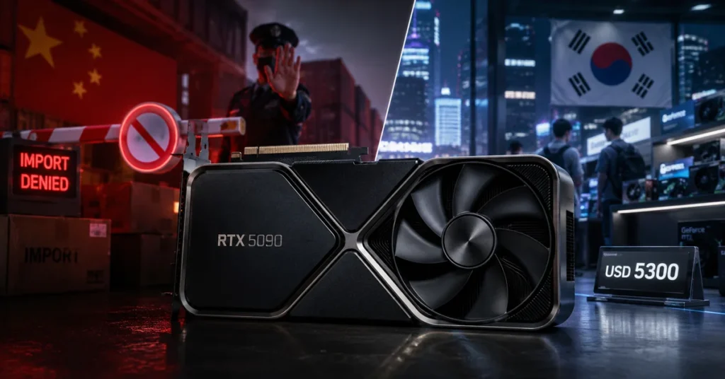 Tarjeta gráfica RTX 5090 en primer plano, con fondo dividido: agente aduanal en una parte y un escaparate tecnológico en la otra.